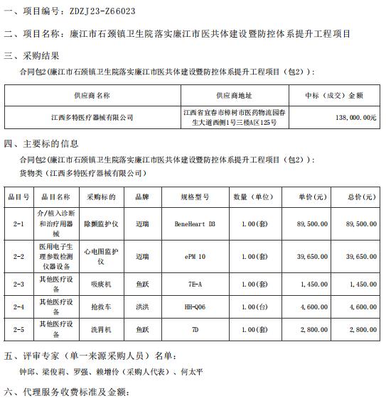 廉江市石頸鎮衛生院落實廉江市醫共體建設暨防控體系提升工程項目【項目編號：ZDZJ23一 Z66023】包2結果公告(圖1)